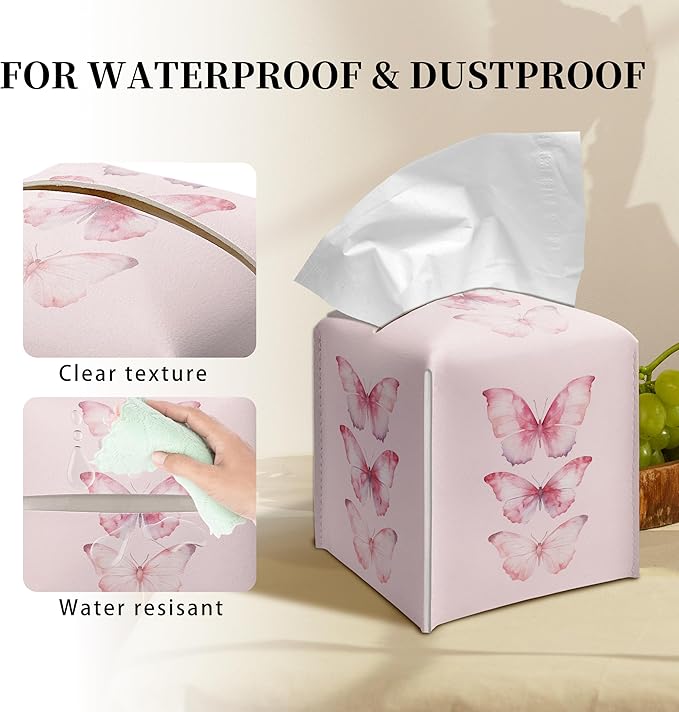 Grace Yonks Cute Pink Butterfly Tissue Box Cover Square, Cube Case for Facial Tissues, 5.2" PU Leather(075)