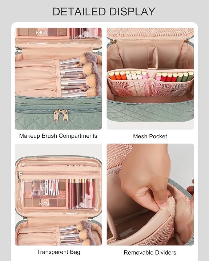 Relavel Makeup Travel Bag, Large Capacity Cosmetic Bags for Women, Makeup Brush Holder Storage Travel Case Waterproof Portable Make Up Bag with Dividers, Diamond Green