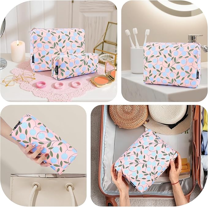 MAANGE 2PCS Makeup Bag for Women, Cosmetic Bag Set, Portable Travel Makeup Bag, Bolsa de Maquillaje, Impermeable Oxford Cloth Make Up Organizer with Gold Zipper(Pink Plants)