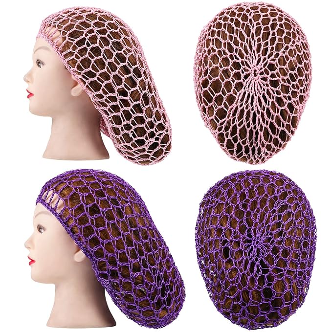 Waydress 2 Pieces Mesh Hair Net Rayon Knit Snood Women Crocheted Sleep Cap (Purple and Pink)