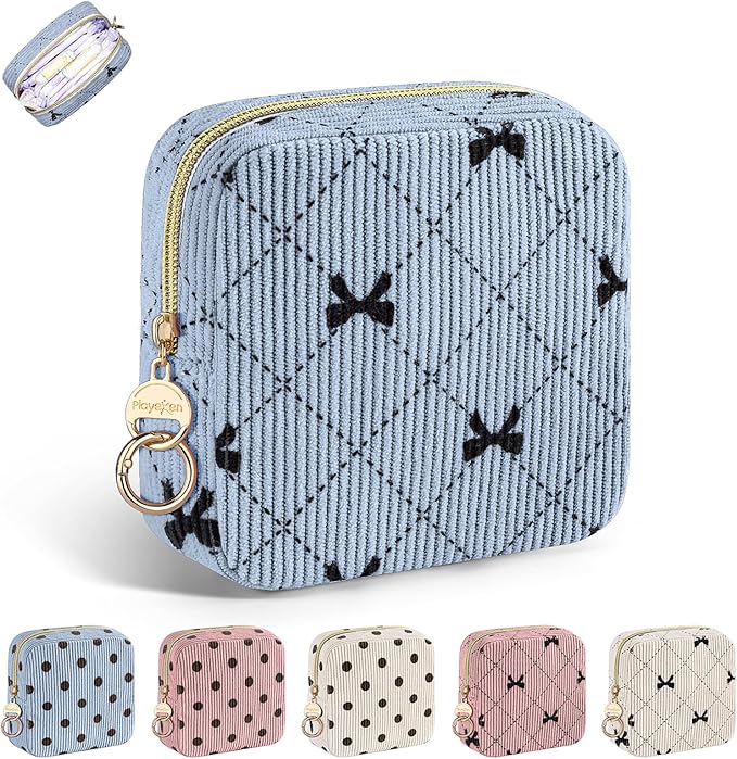 Period Bag for Teen Girls, Corduroy Cute Sanitary Napkin Storage Bag, Menstrual Pad Tampon Holder for Purse (Blue-Bow Tie)