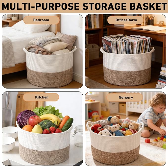 65L Large Blanket Basket,19.7" L x 19.7" W x 13" H Rope Woven Baskets with Handles, Toys Storage Bins,Laundry Basket Perfect for Living Room, Nursery,Bedroom,Home Organization,White&Brown