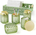 Bathroom Accessory Set with Plastic Wicker Basket,Glass Bathroom Accessories Set Green Bathroom Sets Bathroom Set, Diamond Soap Dispenser and Toothbrush Holder Set for Bathroom Decor