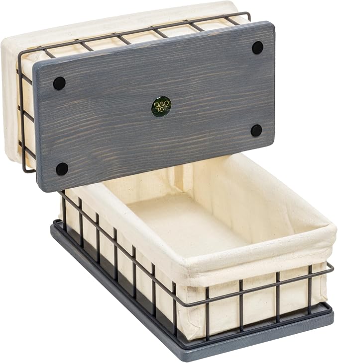 BAOBAB WORKSHOP Set of 2 Metal & Wooden Basket with Liners, Bathroom Basket Organizer & Kitchen Storage Decor, Toilet Paper Baskets for Back of Toilet Tank Tray Topper