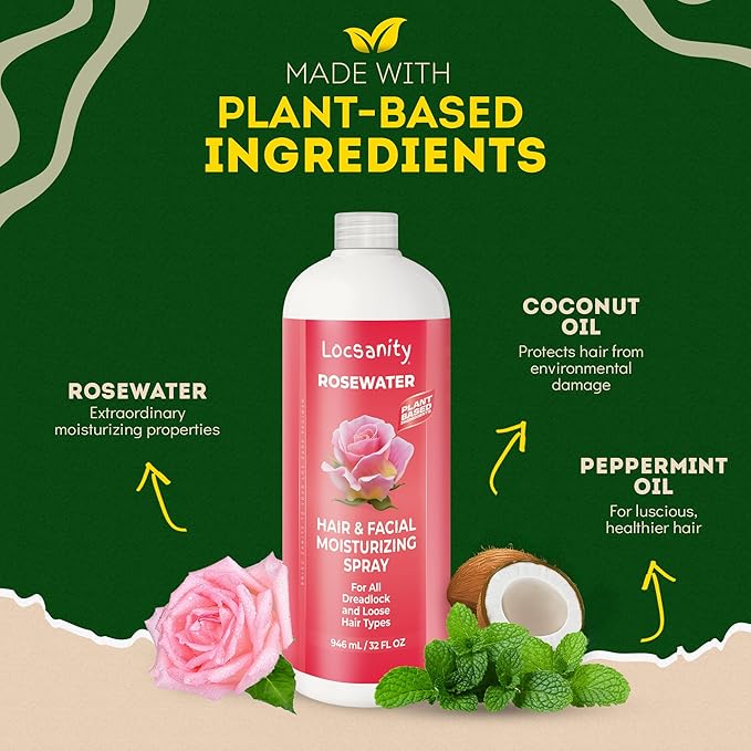 Locsanity Pure Rosewater Hair and Facial Spray – Jumbo Size Hydrating Face Mist to Soothe, Refresh, and Rejuvenate Skin, Reduce Oil and Buildup (32oz)
