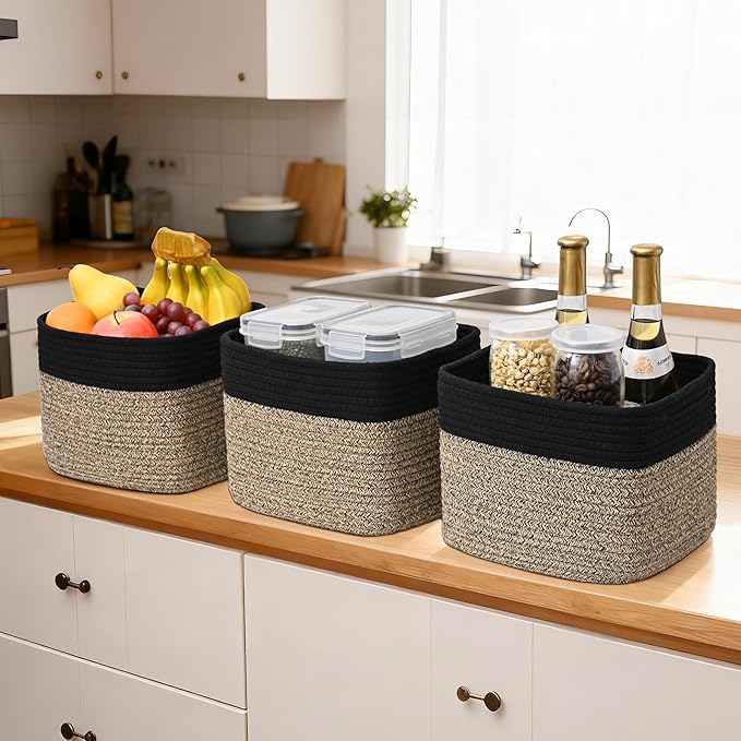 3 Pack Cube Storage Bin, 9”x9”x7” Cotton Rope Woven Baskets for Organizing Toys Clothes Towels, Square Gift Storage Baskets for Shelf, Nursery, Closet, Bathroom, Pantry (Black & Brown)