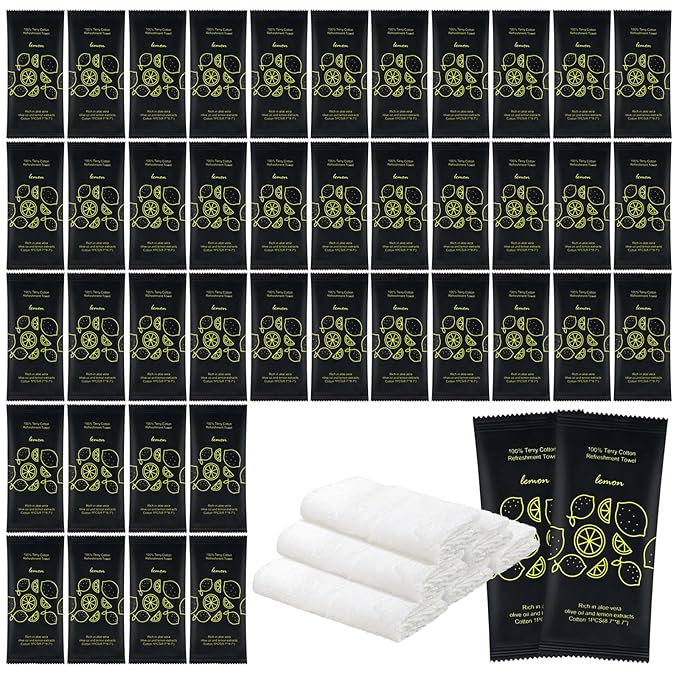 Hot or Cold Moist Cotton Towel Bulk Moist Towelettes Individually Wrapped 8.7" x 8.7",White Towel Services,Refreshment Pre Moistened Towels Lemon Scent for Travel Sport Party Spa Dentist Hote50
