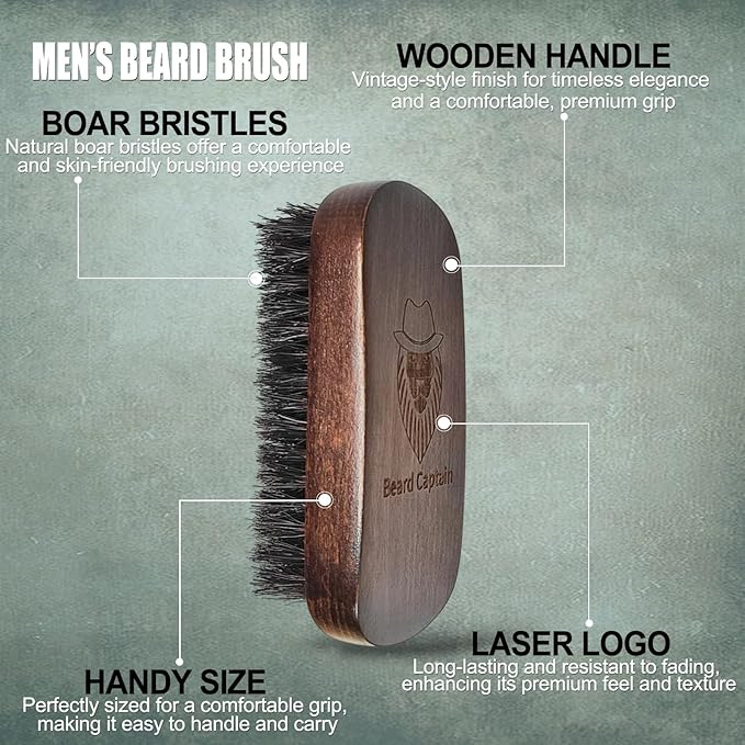 100% Boar Bristle Beard Brush for Men | Premium Vintage Wooden Handle | Soft Bristles | Grooming Tool for Short, Thin, Thick, Coarse & Full Beards