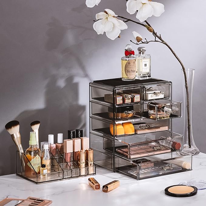 Sorbus Acrylic Makeup Organizer Set, 7-Drawer Vanity & Countertop Cosmetic Storage with Small & Wide Compartments, Black-Tint Makeup Storage for Brushes, Jewelry – Holiday Gift for Women & Teens