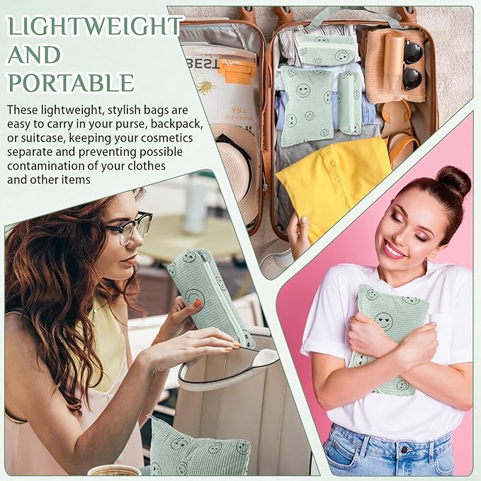 3 Pcs Makeup Bag Set for Women Corduroy Cosmetic Pouch Aesthetic Smile Travel Toiletry Bag Cute Purse Pouch Pencil Case Makeup Brushes Storage Organizer with Zipper(Green,Smile Face)