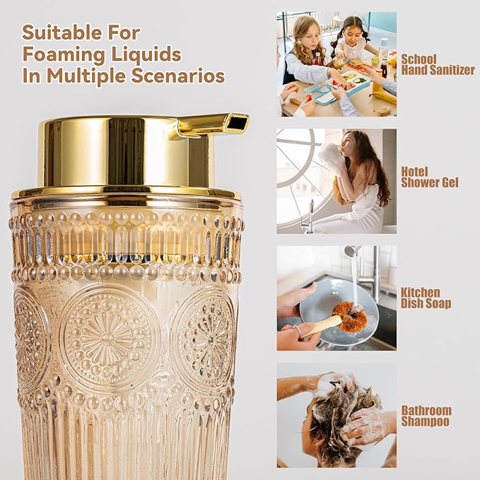Gold Glass Foaming Soap Dispenser - Hand Soap Foam Dispenser for Bathroom, 10 OZ Refillable Dish Liquid Foam Hand Wash Dispenser for Kitchen