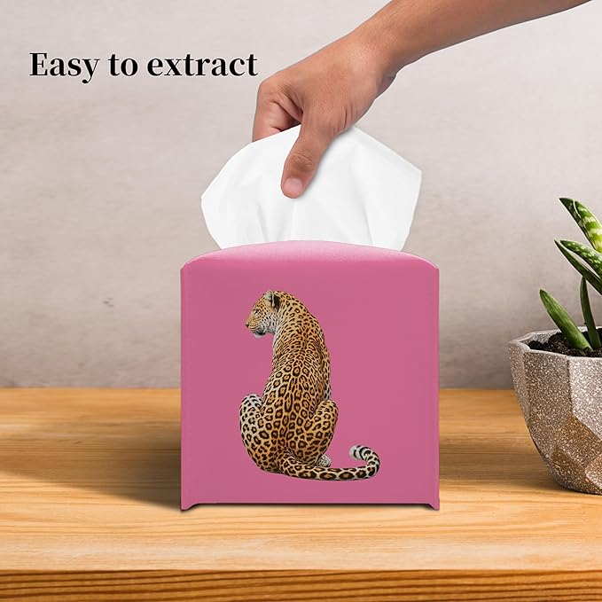 Grace Yonks Cute Tissue Box Cover Square - Leopard Cat Print on Hot Pink Background Design 5.2" PU Leather Holder for Vanity, Desk, or Bathroom Counter - Cube Case for Facial Tissues(015)