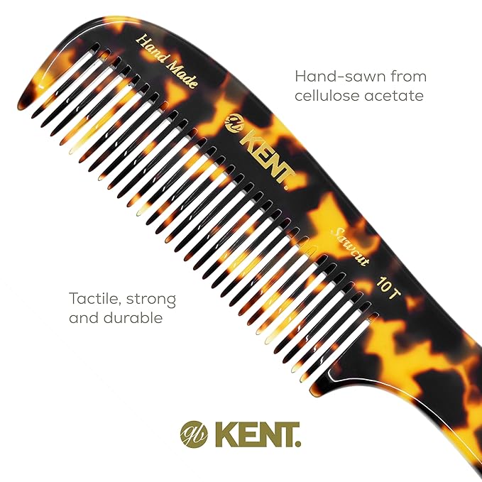 Kent 10T TY Large Wide Tooth Detangler Comb - Handmade Rake for Curly, Wet or Dry Thick Hair - Smooth and Comfortable Saw Cut Design for Detangling
