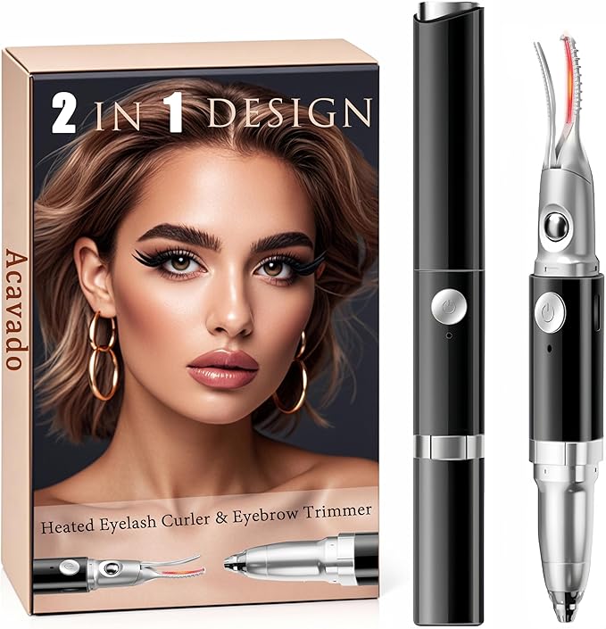 Heated Eyelash Curler - 2 in 1 Eye Lash Curler and Eyebrow Trimmer for Women with 2 Temperature Modes, USB Rechargeable Electric Eyelash Curler, Anti-Burn Design, Ideal Gift for Women(Black)
