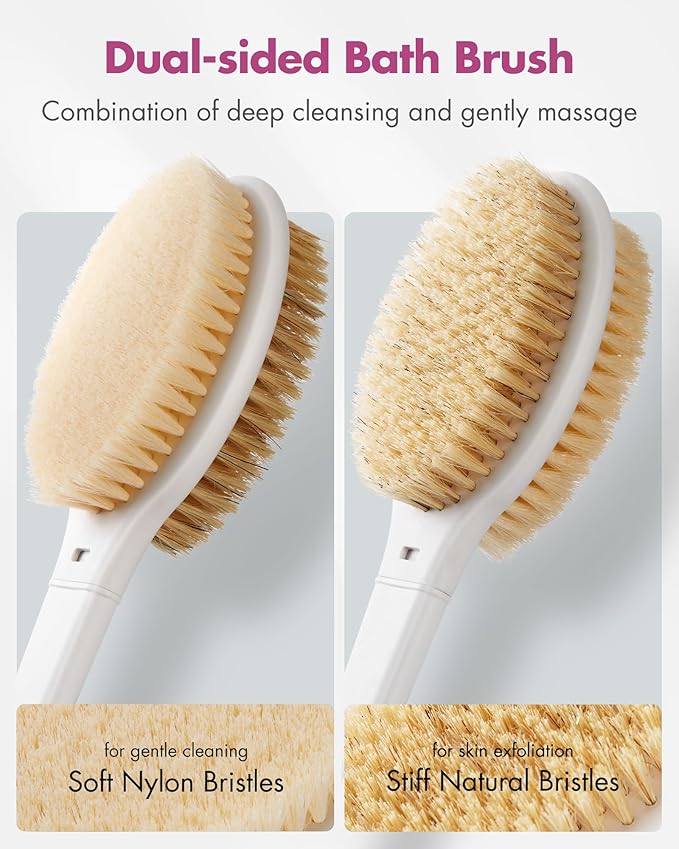 Back Scrubber Body Shower Brush: Anti Slip Long Handle Bath Brush with Stiff and Soft Bristles - Showering Exfoliator Wet or Dry Brushing for Women, Men, Elderly (Pink)