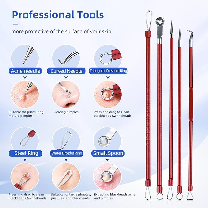 Shevelestar 7PCS Blackhead Remover Comedone Extractor, Curved Blackhead Tweezers Kit, Professional Stainless Pimple Acne Blemish Removal Tools Kit