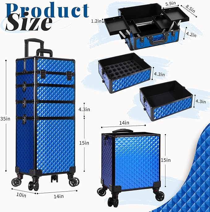 AROUS Rolling Makeup Train Case 4 in 1 Cosmetology Case on Wheels Large Storage Cosmetic Trolley with Key Salon Barber Traveling Cart Trunk, Blue