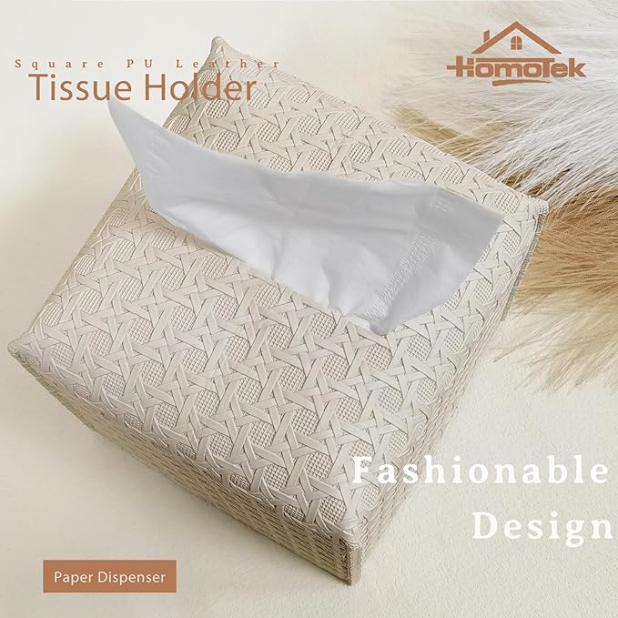 HOMOTEK 2 Pack Tissue Box Cover,PU Leather Tissue Holder,Square Decorative Facial Tissue Cube Paper Organizer Dispenser for Bathroom, Night Stands, Desk, Car 5X5X5'' - Rattan Weave, Ivory