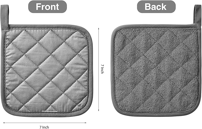 Kitchen Pot Holders Set Heat Resistant Pure Cotton Potholders Kit Trivets Large Coasters Hot Pads Terry Pot Holders for Everyday Cooking and Baking by 7 x 7 Inch Set of 4 Dark Grey