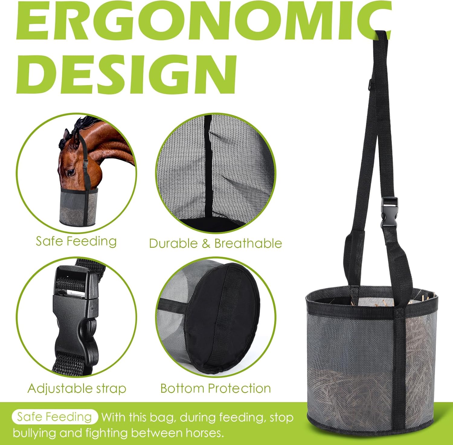 2 Pcs Horses Feed Horse Bag for Grain Hay Bags Heavy Duty Mesh Horse Feeder with Adjustable Strap Comfort Neck Pad Nose Pad and Waterproof Bottom Muzzle(Gray)