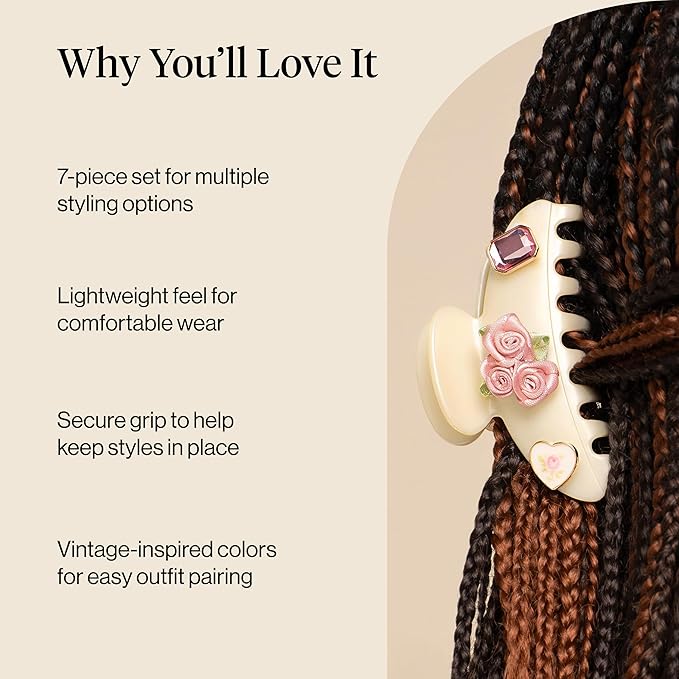 KitschPop ™ Hair Clips For Women with Charm Sets -Customizable Curved Claw Clip With Interchangeable Collectible Cute Charms | Ideal Gifts For Women - Vintage - Pearlized Cream, 7pcs Set