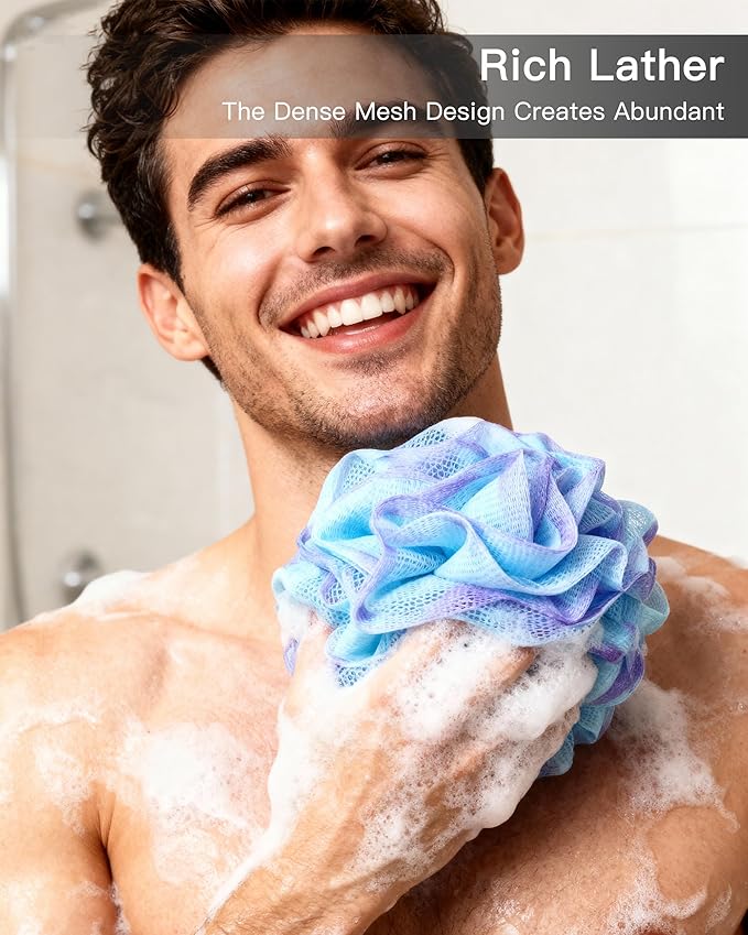 Loofah Sponge 70g, 6.3 Inch Large Exfoliating Bath Sponge, Soft Durable PE Mesh with Reinforced Knotting, Rich Lather Bath Scrubber for Body, for Travel or as a Holiday Gift (4Pack, Green-Blue)