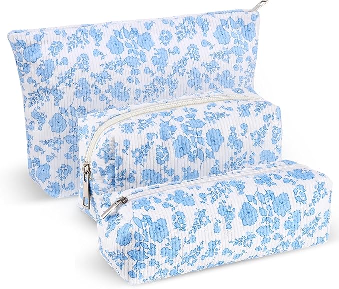 3 Pcs Makeup Bag Set for Women Corduroy Cosmetic Pouch Aesthetic Smile Travel Toiletry Bag Cute Purse Pouch Pencil Case Makeup Brushes Storage Organizer with Zipper (Blue,Floral)