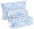 3 Pcs Makeup Bag Set for Women Corduroy Cosmetic Pouch Aesthetic Smile Travel Toiletry Bag Cute Purse Pouch Pencil Case Makeup Brushes Storage Organizer with Zipper (Blue,Floral)