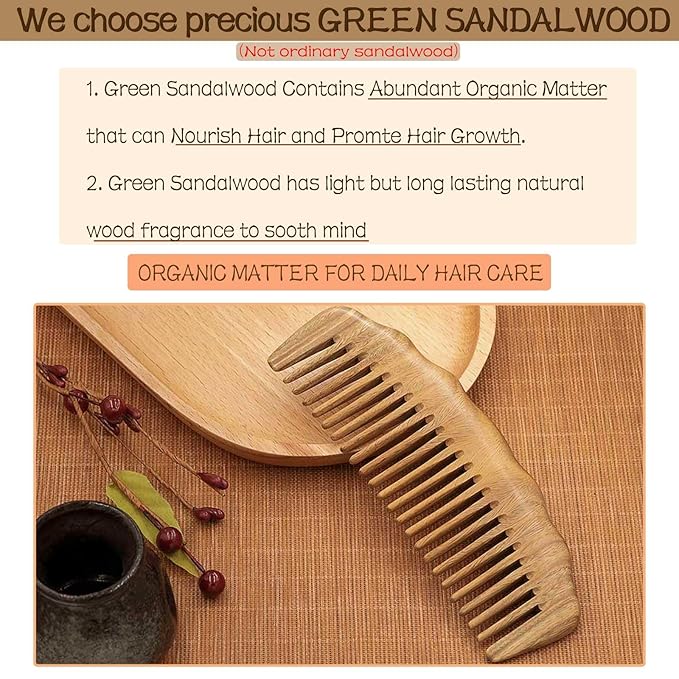 2 Pack Wooden Comb, Beard Comb for Men, Hair Combs for Women - Green Sandalwood