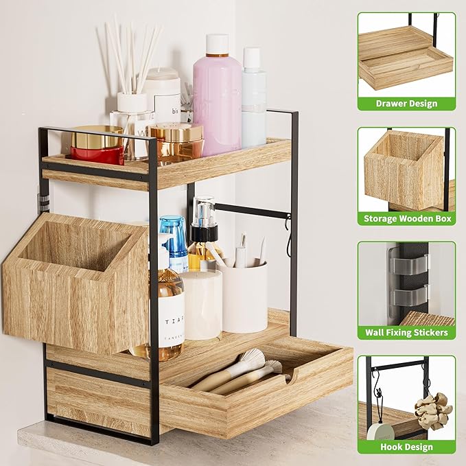 Kottwca Bathroom Counter Organizer with Drawer, 2-Tier Wood Countertop Organizer for Storage, Vanity Skincare Organizers, Bathroom Sink Shelf for Organization (Wood Color)