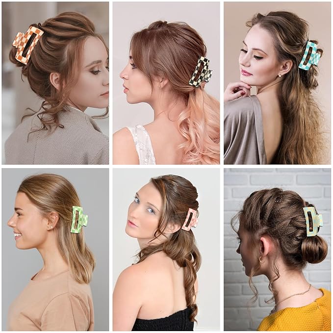 Checkered Rectangle Y2K Hair Claw Clips and Barrettes- 6 Pcs Large and Small Strong Hold Hair Accessories for Thin & Thick Hai