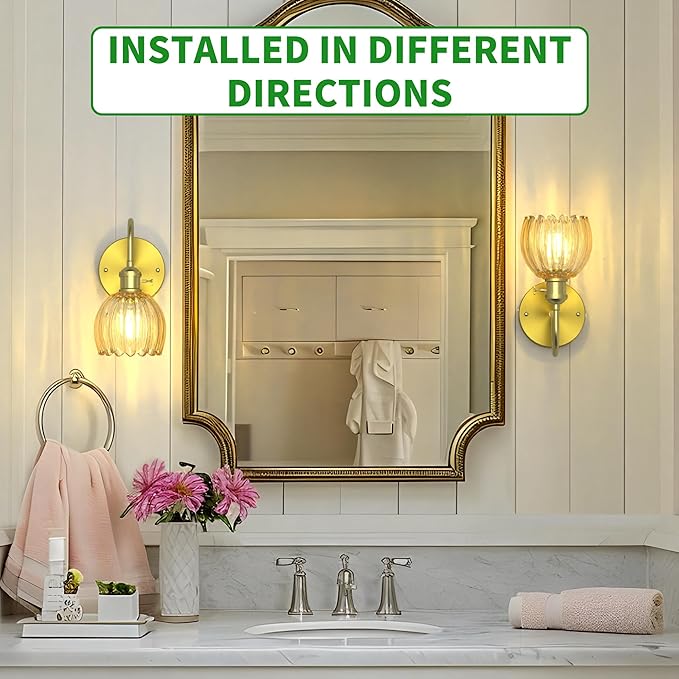 2-Pack Wall Sconces Lights Lamp for Bedroom Bathroom, Modern Vanity Light Fixtures, Wall Mount Lighting Vintage Tulip Amber Glass Shade for Living Room Mirror Hallway Kitchen