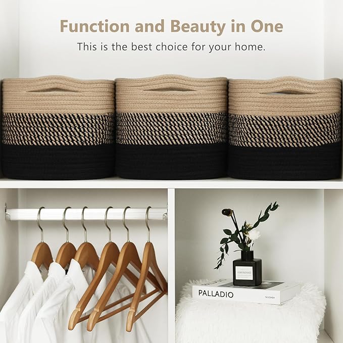 Cotton Rope Storage Basket, 15x10x9 Inches, Woven Basket for Shelves, Clothes, Towels, Books, and Laundry, Gradient Black/Brown (3 Pack)