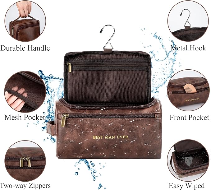 Flycalf Mens Toiletry Travel Bag Customized Mens Leather Toiletries Grooming Bag for Men Shaving Bag Hanging Water Resistant Organizer (Coffee)