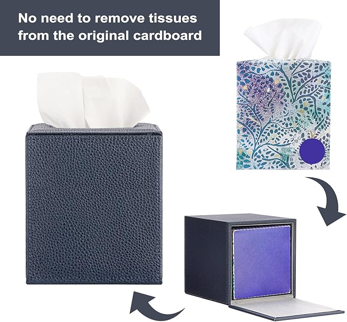 Sumnacon Tissue Box Cover Square Tissue Box Stylish PU Tissue Box Holder with Magnetic Bottom,Leather Cube Tissue Cover for Living Room Bathroom Bedroom Table Desk Home Office Car, Navy Blue