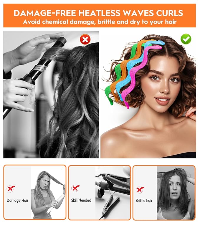 42 Pieces Heatless Waves Hair Curler, No Heat Damage Wavy Hair Curlers with 2 Sets of Styling Hooks, Heatless Curls for Women Girls Short Hair((4 Colors, 25cm / 9.8")