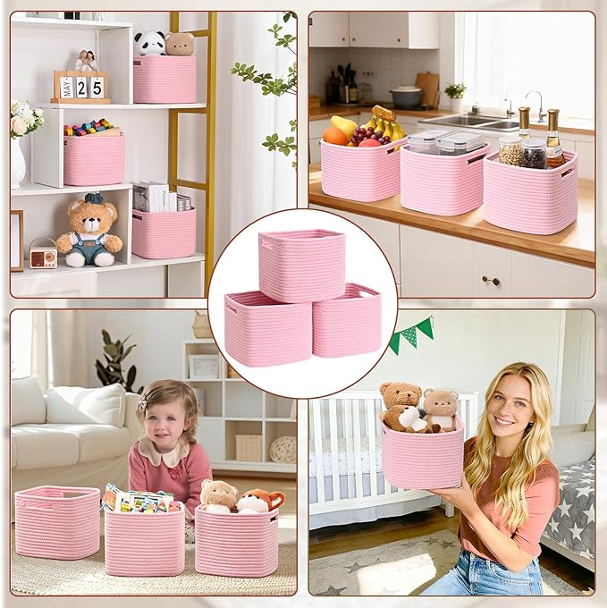 3 Pack Cube Storage Bin, 9”x9”x7” Cotton Rope Woven Baskets for Organizing Toys Clothes Towels, Square Gift Storage Baskets for Shelf, Nursery, Closet, Bathroom, Pantry (Pink)