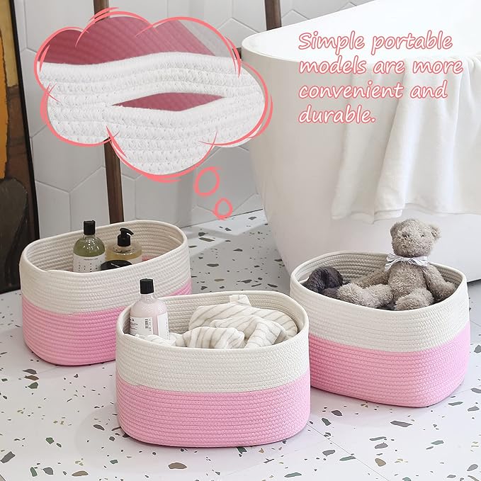 Cotton Rope Shelf Storage Basket, 15x10x9 in, Shelf Storage Baskets for Clothes, Towels, Books, Laundry (White/Pink, 1 Pack)