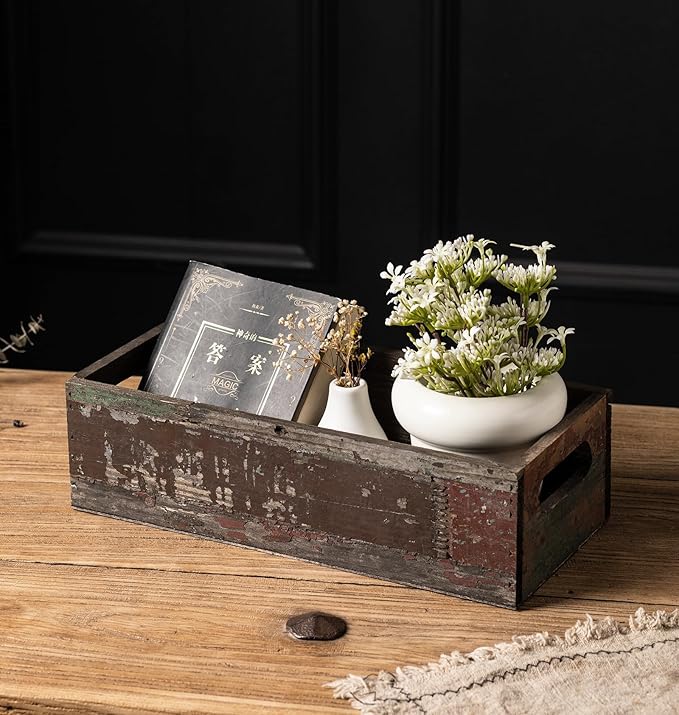 TIMRIS Farmhouse Distressed Wooden Storage Box, Rustic Bathroom Decor Box, Decorative Toilet Tank Basket Nice Butt, Solid Reclaimed Wood Organizer Box with Handles (Random)