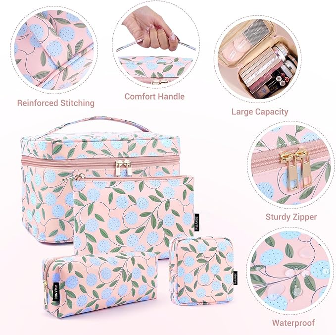 MAANGE 4PCS Makeup Bag for Women, Cosmetic Bag Set, Portable Large Travel Makeup Bag, Bolsa de Maquillaje, Impermeable Oxford Cloth Make Up Organizer with Gold Zipper(Pink Plants)