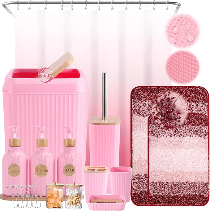 Bathroom Accessories,Bathroom Set with Shower Curtain,Rugs,Trash Can,Lotion Soap Dispenser,Toothbrush Holder,Soap Dish, Tags with Tray（Pink1 ），（Bath Set+Shower Curtain+Bath Rugs）