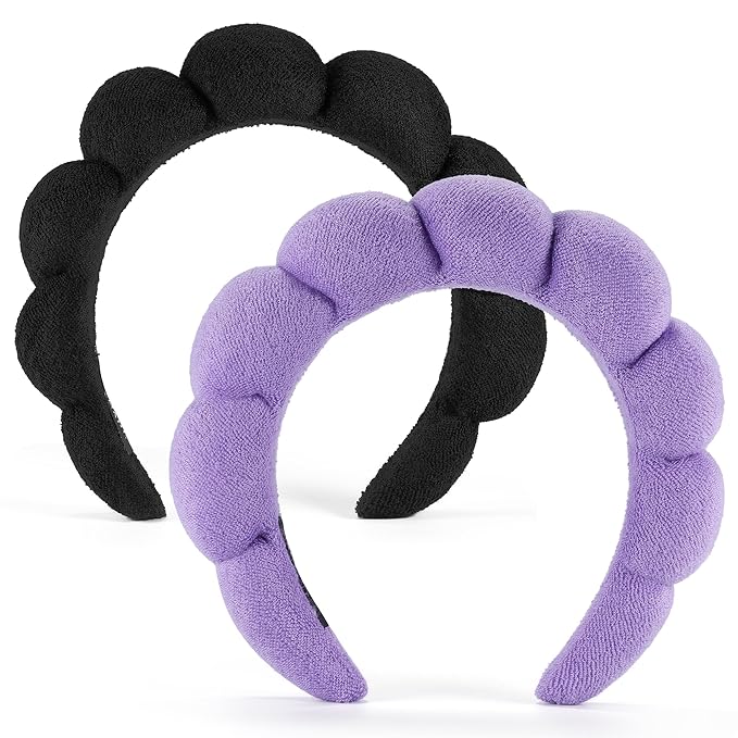 Terry Cloth Spa Headbands for Washing Face or Facial, Set of 2, Black & Purple - Puffy Makeup Headbands for Face Washing, Mask, Skin Treatment