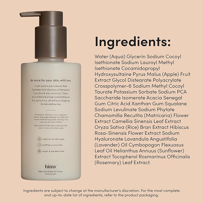 hims High Tide Hydrating Daily Cleanser - With Hyaluronic Acid & Squalane - Moisturizing, Non-Stripping Facial Cleanser - Gentle, pH Balanced, Sulfate-Free - 6.8 Fl Oz