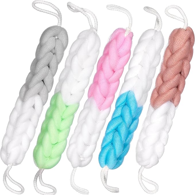 BRUBAKER 5-Piece Bath Sponge Set - Back Scrubber with Hand Straps - 2.8 oz Exfoliating Sponge for Back - Hygienic & Durable Shower Loofahs with Gift Box