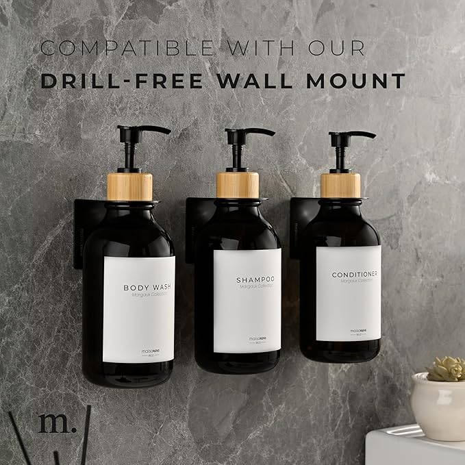 MaisoNovo Refillable Shampoo and Conditioner Bottles - 16.9 fl oz Set of 3 Black Plastic Bottles Black Bamboo Pumps