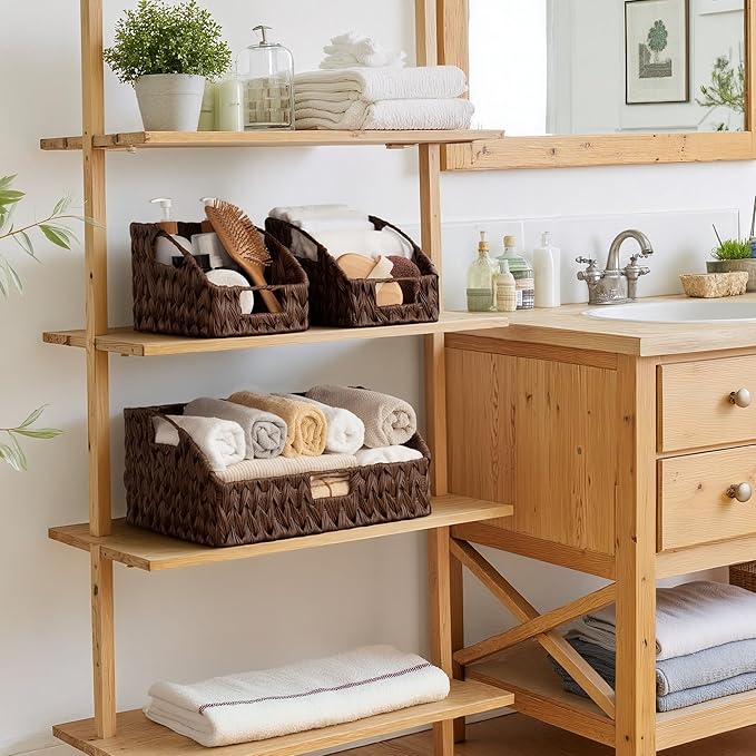 GRANNY SAYS Wicker Storage Basket for Shelves, Wicker Basket with Handles, Trapezoid Woven Baskets for Storage, Decorative Baskets for Home Decor, Brown, 3 Pack