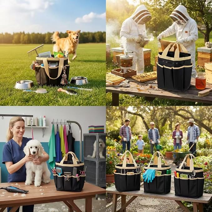 Abbylike Grooming Tote Bag for Horses and Dogs Organize Tack Tools Equestrian Grooming Kit Care Portable with Multiple Pockets for Supplies(Vintage,15 x 12 x 5.5 Inches,Khaki and Black)