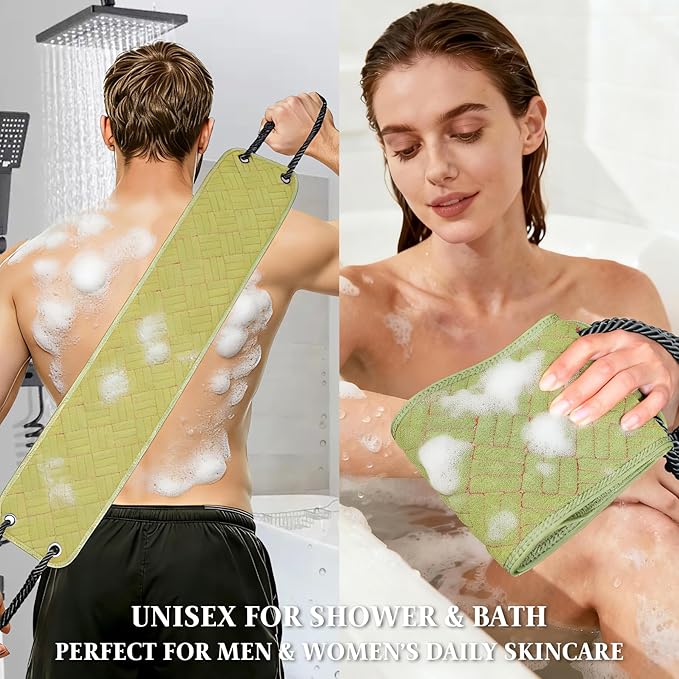 Back Scrubber with Upgraded Handles - 39Inch Double-Sided Body Exfoliator for Shower/Bath, Deep Cleansing Back Washer for Hard-to-Reach Areas, Unisex (Men & Women) (Green)