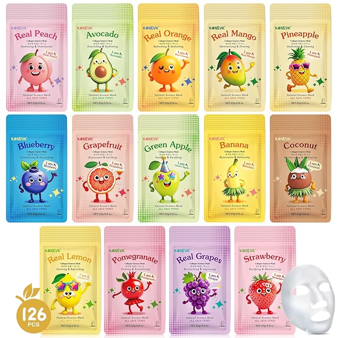 126 Pack Sheet Hydrating Face Masks Skincare for Women, Bulk Fruit Face Mask Skin Care for Kids, Facial Masks Set for All Skin Types, Easter Basket Stuffers, Spa Party Supplies for Girls Teens