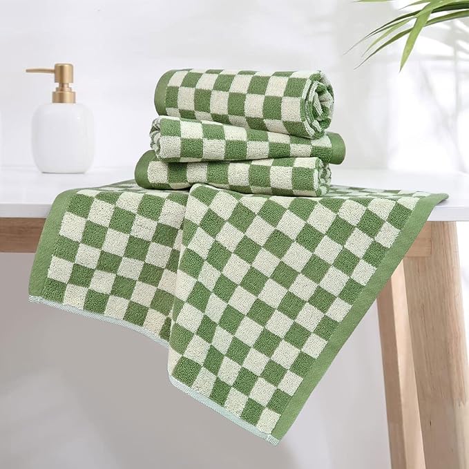 Jacquotha Wash Cloths Checkered 4 Pack (Green) - Cotton Washcloths for Face Body, 13 x 13 Inches Daily Cleansing Kitchen Towels